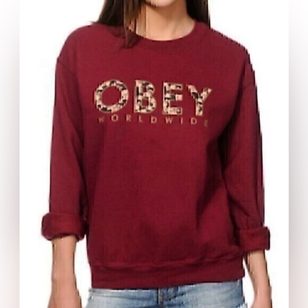 Obey maroon logo lg slv crew neck sweatshirt SZ S preppy athleisure